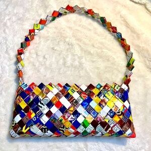 Adorable Handmade Purse Like New Shoulder Bag Patchwork of Foil Wrappers Unique!